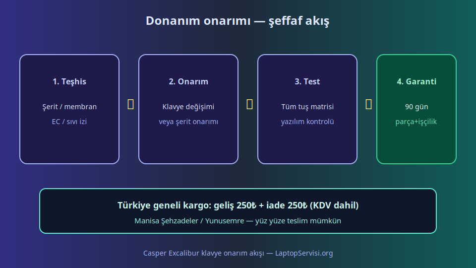 Casper Excalibur klavye arızasında teşhis, onarım, test ve 90 gün garanti akışı